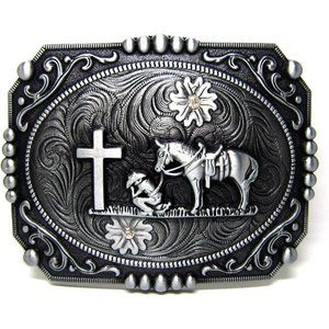 Man Silver Cowboy Rodeo Running Horse Antique Floral Engraved Rope Belt Buckle